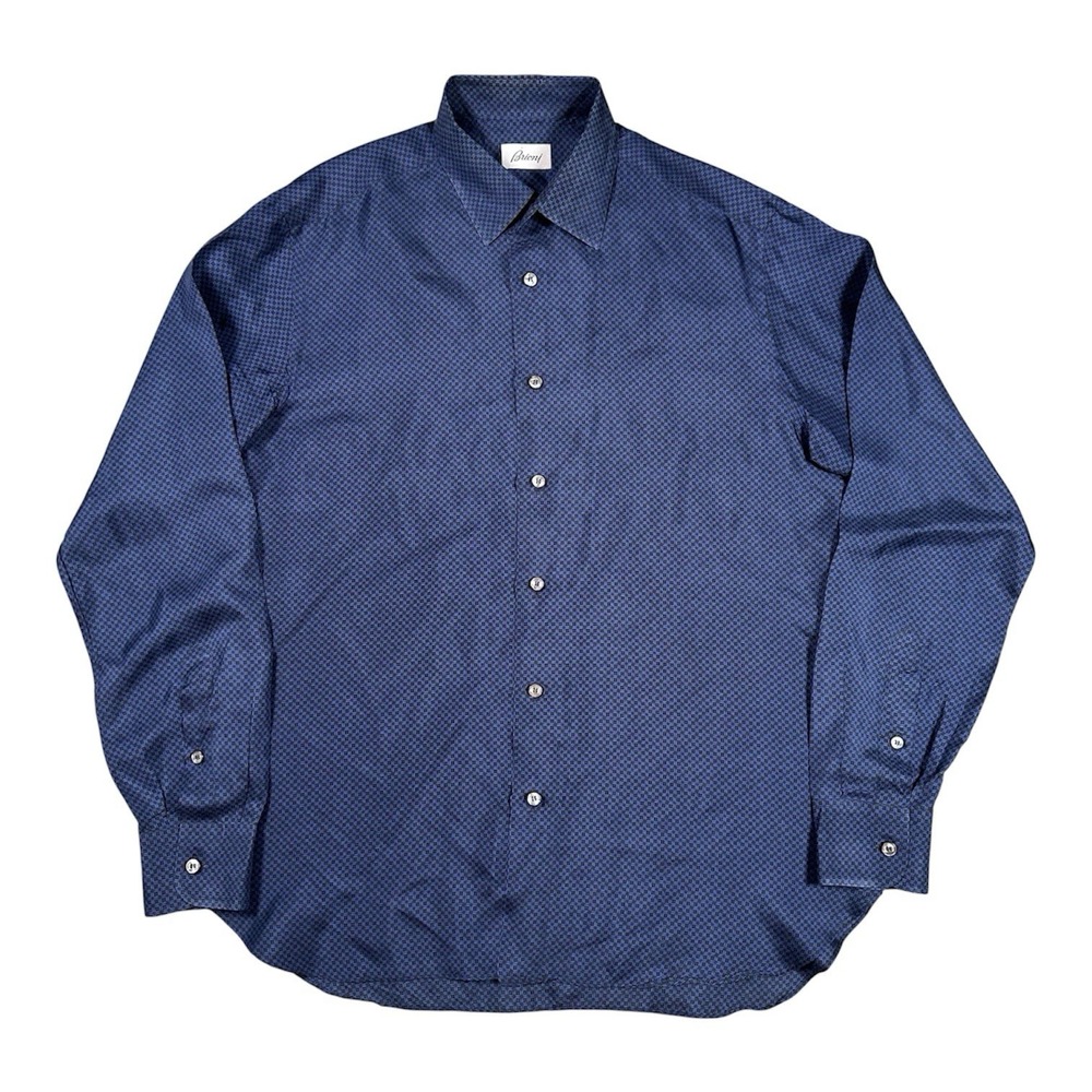 Brioni 100% Silk Long Sleeve Blue Geometric Button Down Shirt Geometric Sz M EUC